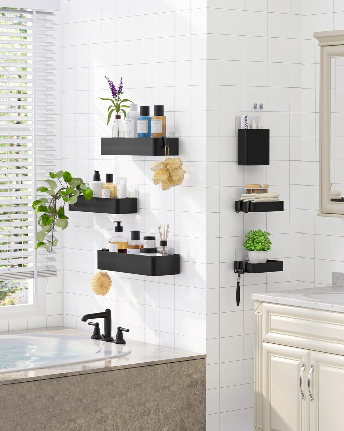 Kitsure Shower Caddy Adhesive - No-Drill Bathroom Organizer with Soap Holder & Hooks | Rustproof, Black