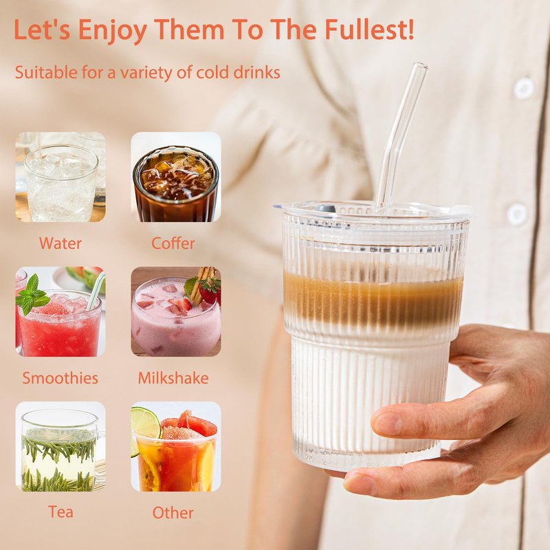 SoulTimes 13oz Glass Tumblers with Lids and Straws, Set of 2 - Stylish Ribbed Design Drinking Glasses for Iced Coffee, Juice, Smoothies, Cold Beverages, Includes Cleaning Brush, Durable Glassware