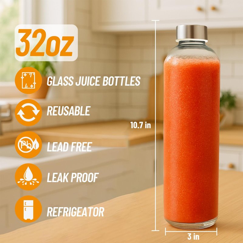 Luxfuel 32 oz Clear Glass Water Bottles with Lids, Reusable Glass Juice Bottles with Stainless Steel Cap for Juicing, Refrigerator, 100% Leak Proof, BPA Free, Gift Set of 3