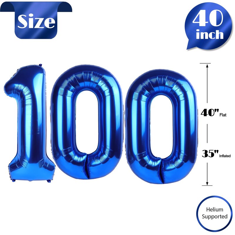 Navy Blue Number 100 Balloon 40 inch, 100 Number Balloons, 100th Navy Blue Birthday Decorations, 100 Year Old Women Men Blue Party Supplies