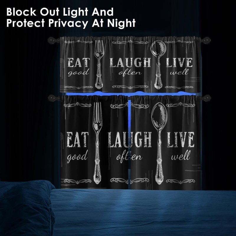 Tayney Black White Kitchen Window Curtains Valance and Tier Set 36 Inch Farmhouse Eat Good Laugh Often Live Well Rod Pocket Short Tier Curtain, Abstract Small Drapes for Kitchen Decor