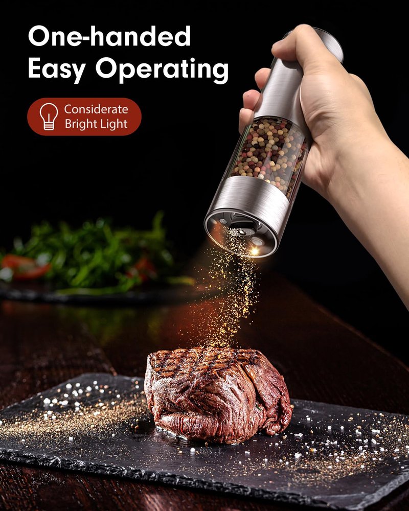 TOMEEM Upgraded Larger Capacity Electric Salt and Pepper Grinder Set Rechargeable with LED lights, Stainless Steel Automatic Pepper and Salt Grinder Refillable with 5 Adjustable Coarseness
