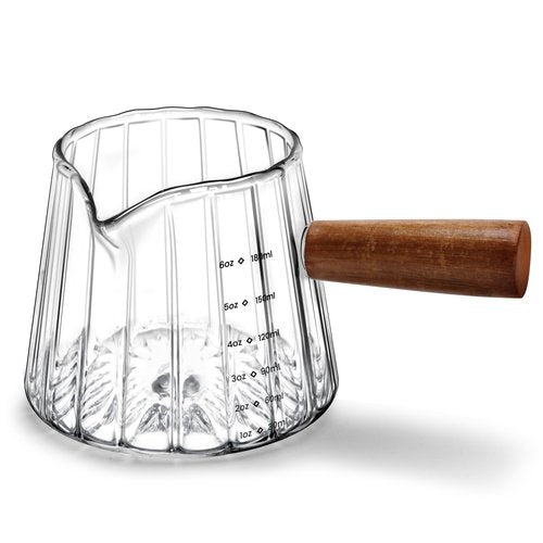 Espresso Measuring Cup 6 Oz, Espresso Glass Cups with Wood Handle, Milk Frothing Cup, Espresso Cup for Coffee, Milk, Tea or Maple Syrup Serving