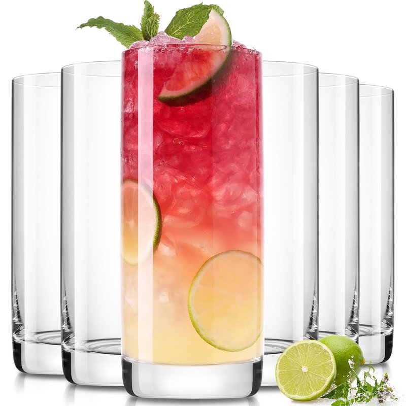 LUNA & MANTHA Drinking Water Glasses Set, Lead-Free Crystal Highball Glass, Tall Glass Cups for Cocktail Parties,Clear set of 6,13oz