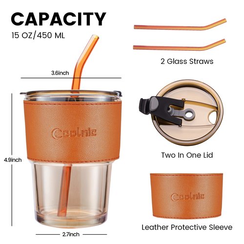 Colnic Iced Coffee Cup, 15 oz Glass Cups With Lids And Straws, Iced Coffee Glasses Tumbler, Thick Wall Mug For Tea Water With 2 Straw And Leather Sleeve, Glass Tumbler Gifts