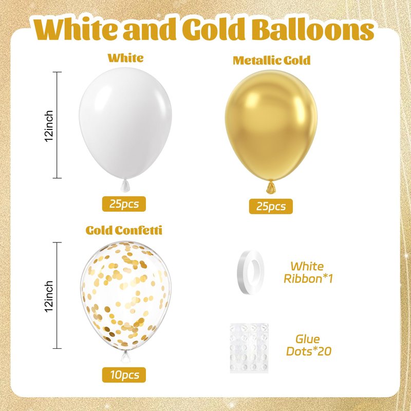 60pcs Gold and White Balloons 12inch, White and Gold Balloons with Metallic Gold Confetti Balloons for Graduation Wedding Engagement Birthday Party Decorations