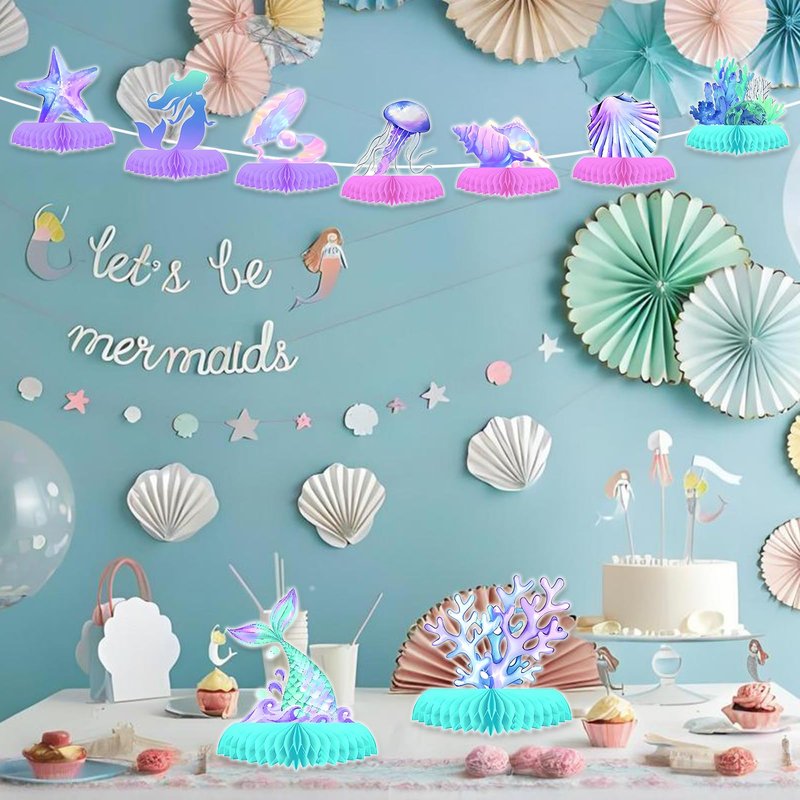 Oiuyamn 9 PCS Mermaid Theme Party Decorations, Ocean Mermaids Centerpieces for Tables Honeycomb Centerpiece, 3D Sea Party Supplies for Birthday Decor