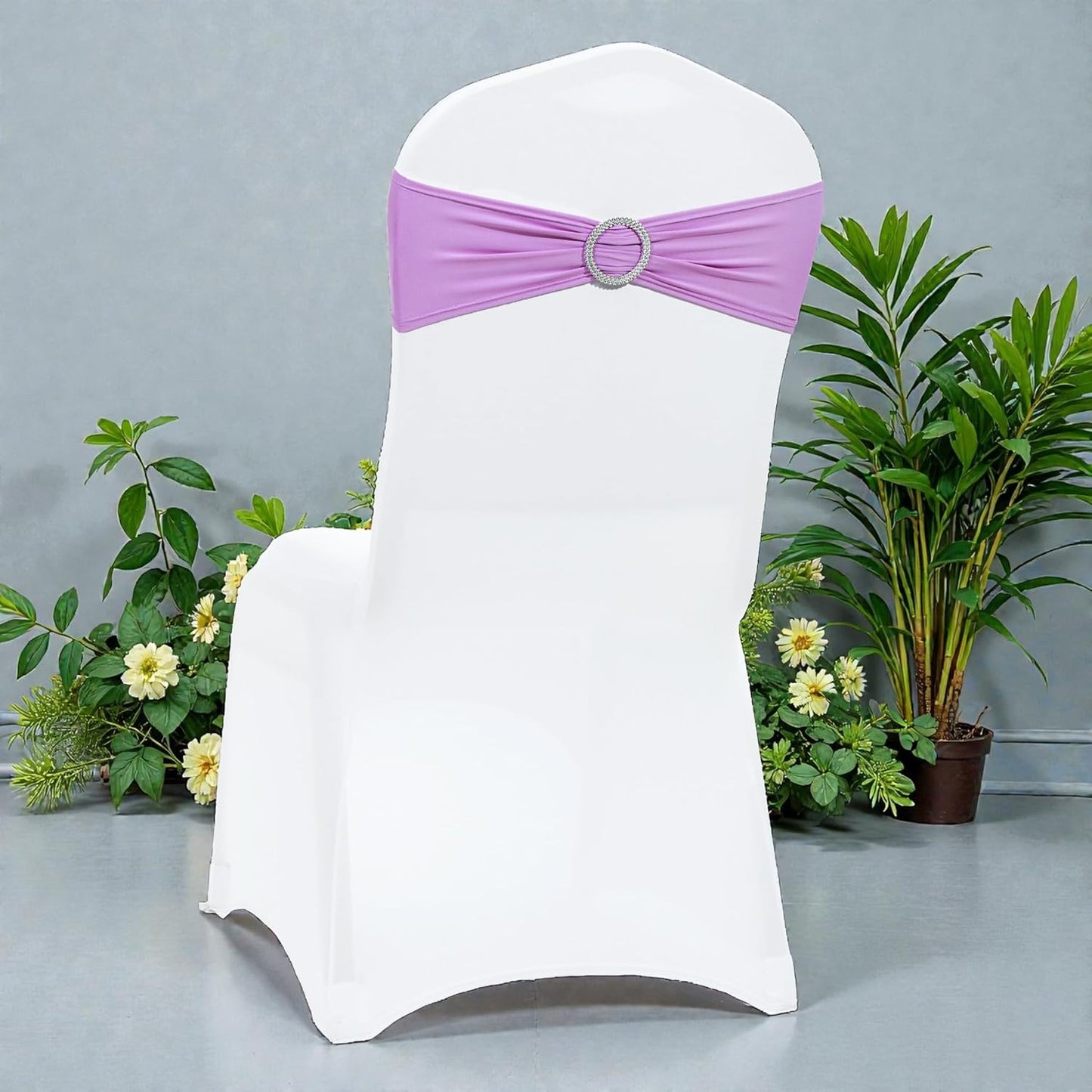 MDS Premium Stretch Spandex Chair Sashes - Pack of 50 Light Purple Covers with Buckle Slider for Weddings & Events