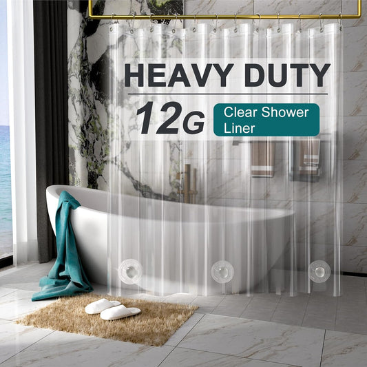 AmazerBath Heavy Duty Shower Curtain Liner - 12 Gauge Clear, 72 x 65 Inches with 3 Weights & 12 Grommets