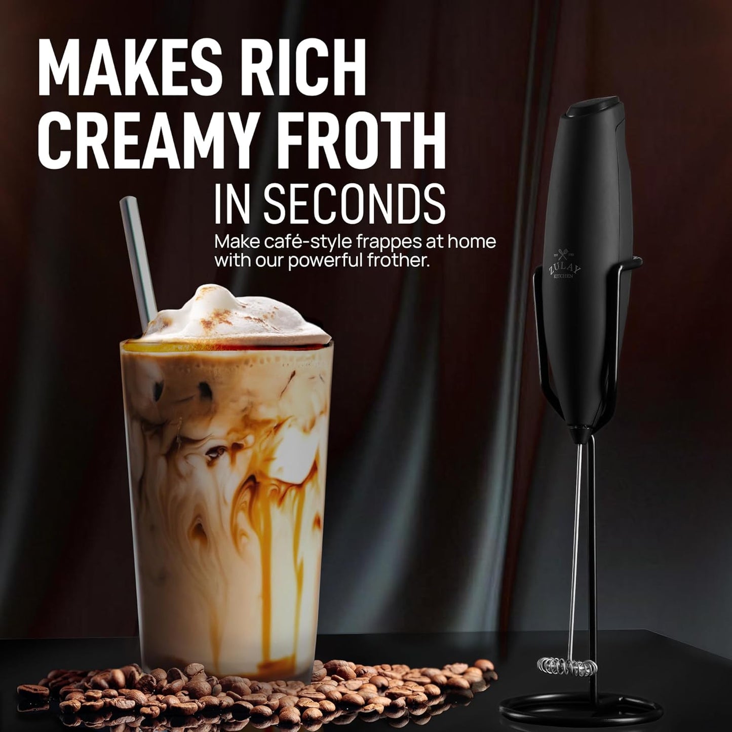 Zulay Kitchen Milk Frother Wand - Upgraded Stand for Perfect Foam - Ideal Gift for Coffee Lovers