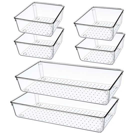 6 PCS Large Size Clear Plastic Drawer Organizer Tray, 12'' Acrylic Vanity Bathroom Drawer Organizers Trays, Desk Drawer Organizer Bins for Cosmetic, Makeup, Kitchen, Office Drawer Divider Organization