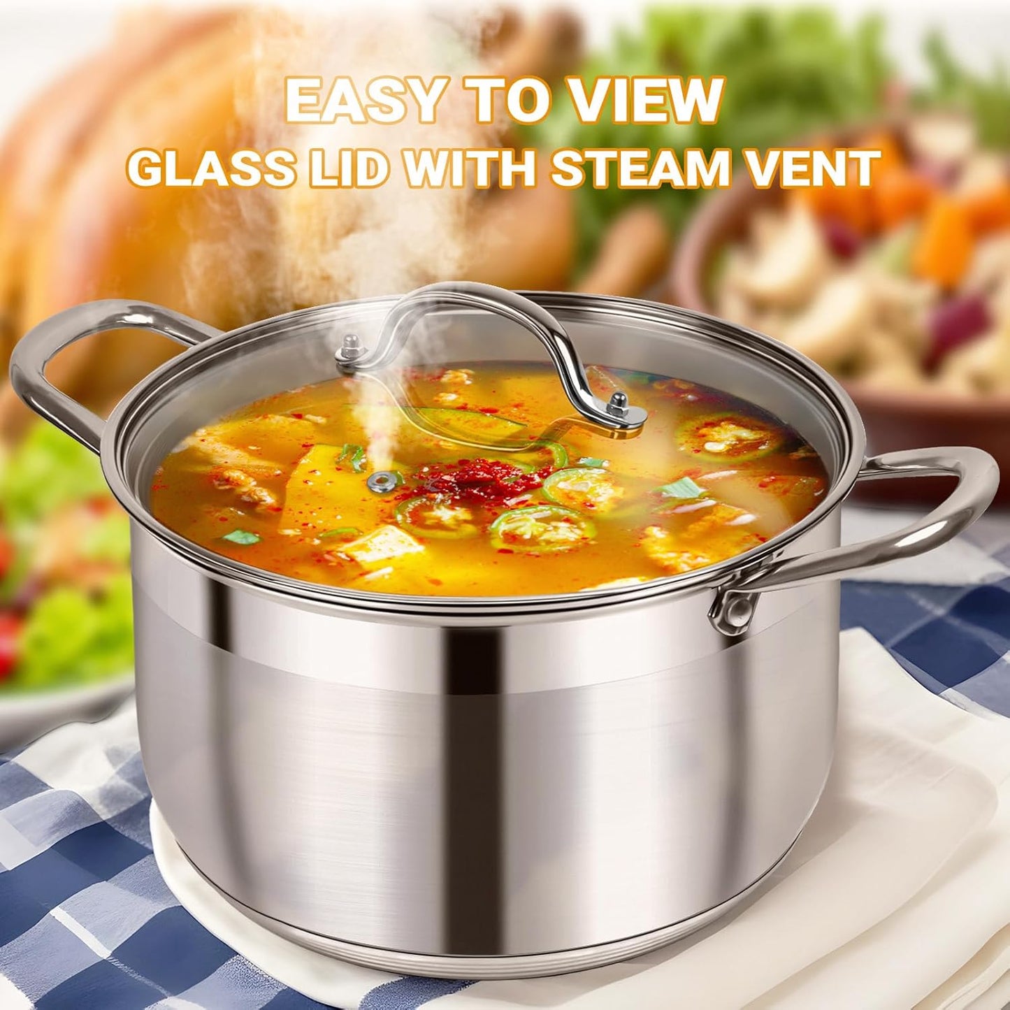 Kirecoo Stainless Steel Stock Pot - 12 Quart Heavy-Duty Nonstick Cooking Pot with Visible Lid | Ideal for Pasta, Soup, and Canning
