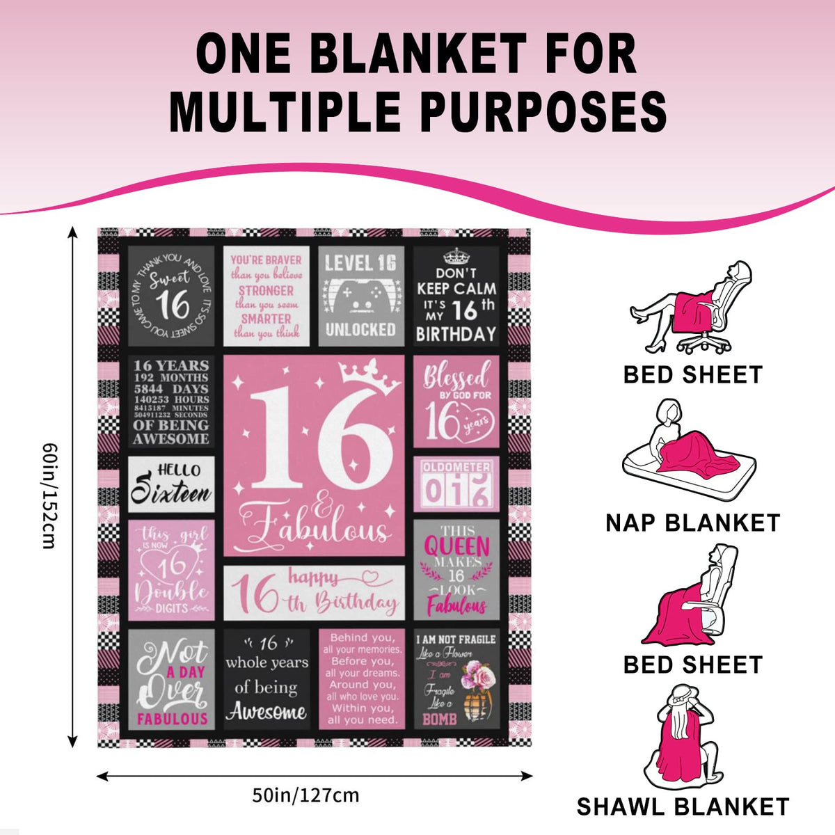 Atokker Sweet 16 Gifts for Girls - Cozy Blanket 50"x60", 16th Birthday Present for Teens, Unique Party Decoration, Perfect Sweet Sixteen Gift Ideas for Teenage Girls