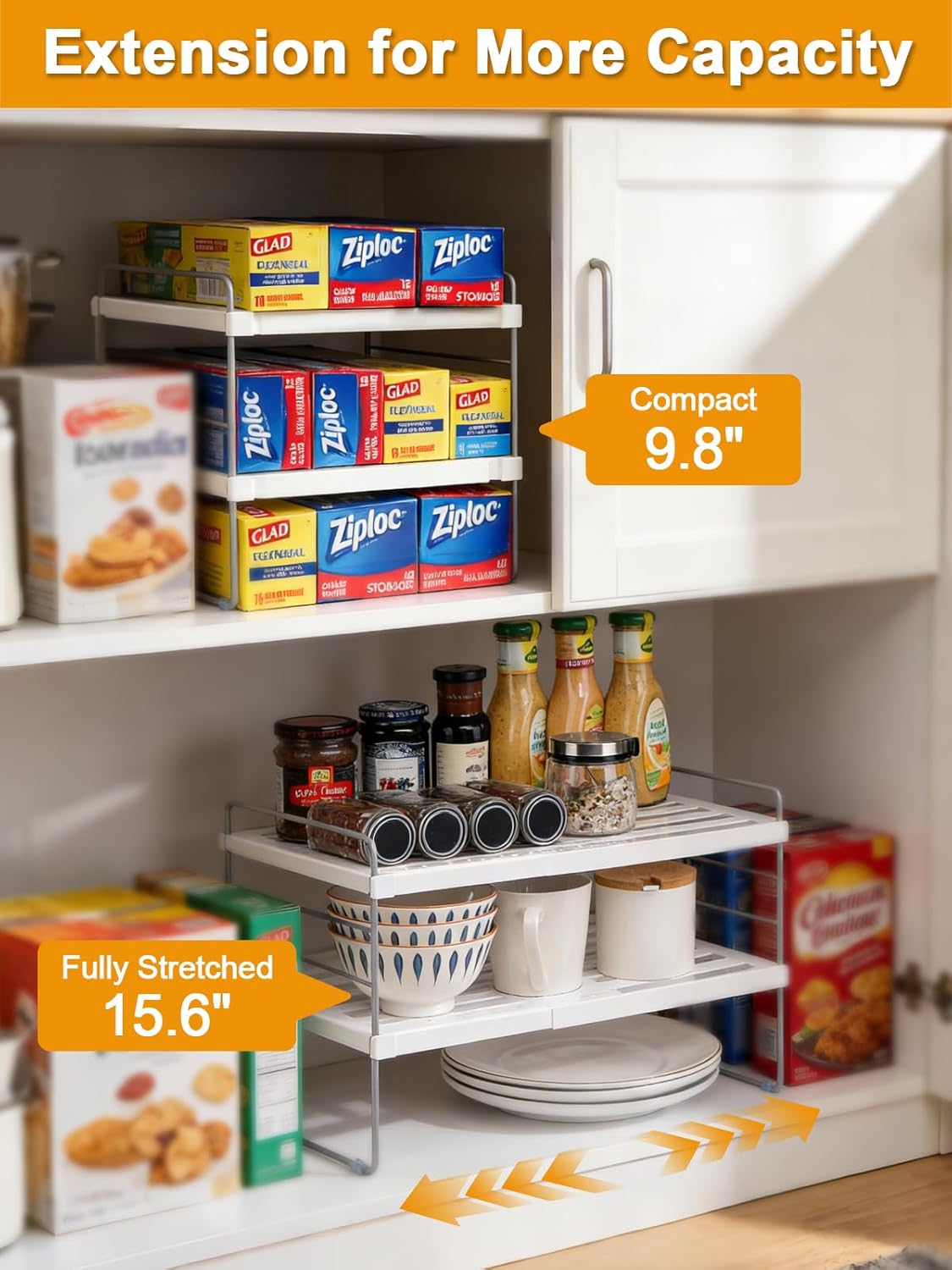 JUPELI Foil and Plastic Wrap Organizer - Expandable Kitchen Storage Rack | Height Adjustable 3-Tier Design (9.8" to 15.6"L)