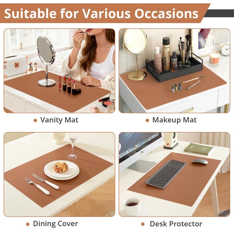 LovePads Makeup Mat for Vanity, 14 x 24 Dual-Sided Desk Pad & Vanity Cover Top, Waterproof PVC Protector Mat for Dresser, Nail Art, Craft Table (Brown+Beige)