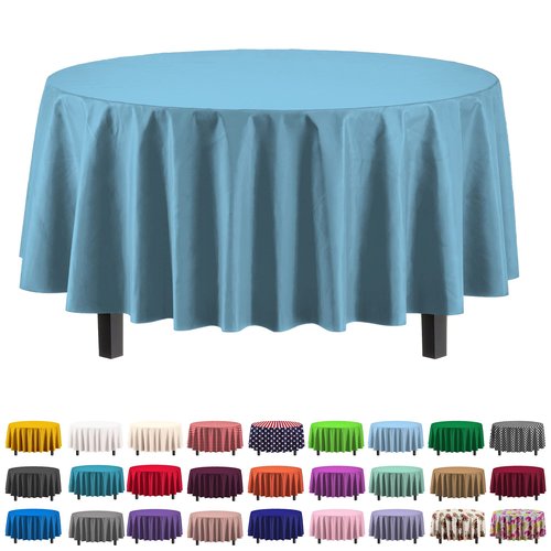 Exquisite Party Solids 6-Pack Premium Plastic Tablecloth 84in. Round Plastic Table Cover - Sky Blue