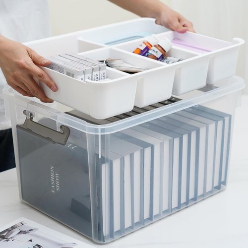 Citylife 32 QT Plastic Storage Bins - Large Stackable Containers with Removable Tray | Organize Crafts, Clothes & Office Supplies (4 Pack)