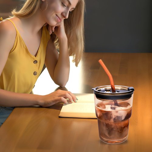 Colnic Iced Coffee Cup, 15 oz Glass Cups With Lids And Straws, Iced Coffee Glasses Tumbler, Thick Wall Mug For Tea Water With 2 Straw And Leather Sleeve, Glass Tumbler Gifts