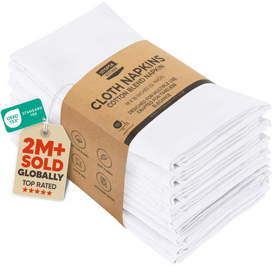 Utopia Kitchen White Cloth Napkins [12 Pack, 18x18 Inch] Absorbent Cotton Blend Washable and Reusable for Dinner, Restaurant, Lunch, Wedding and Hotel