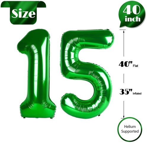 Green Number 15 Balloon 40 inch, 15 Number Balloons, 15th Green Birthday Decorations, 15 Year Old Girls Boys Party Supplies, St. Patrick's Day Games Theme Birthday Decorations