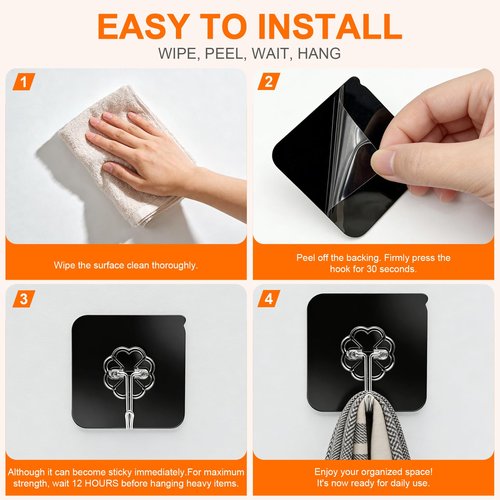 DDMY Heavy Duty Adhesive Hooks for Hanging 50lb(Max) Black Wall Hooks with Strong Sticky,No Damage Removable Hook Waterproof & Reusable for Bathroom, Kitchen, Shower, Outdoor Decor -8 Pack