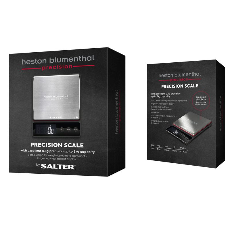 Salter Heston Blumenthal Precision 1140A HBBKDR Digital Kitchen Scales - Premium Compact Baking/Cooking Scale, for Weighing Food/Coffee and Liquid, 0.5 g Increments, Slim, Stainless Steel/Black