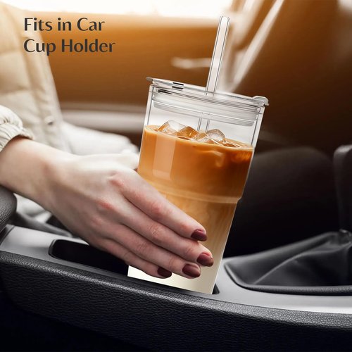 INSETLAN 20oz Clear Glass Cup with Lid and Glass Straw, Set of 2 Thickened Glass Coffee Tumblers, Drinking Glasses with Straw for Smoothie, Tea, Milk, Whiskey, Water and More – Elegant & Durable