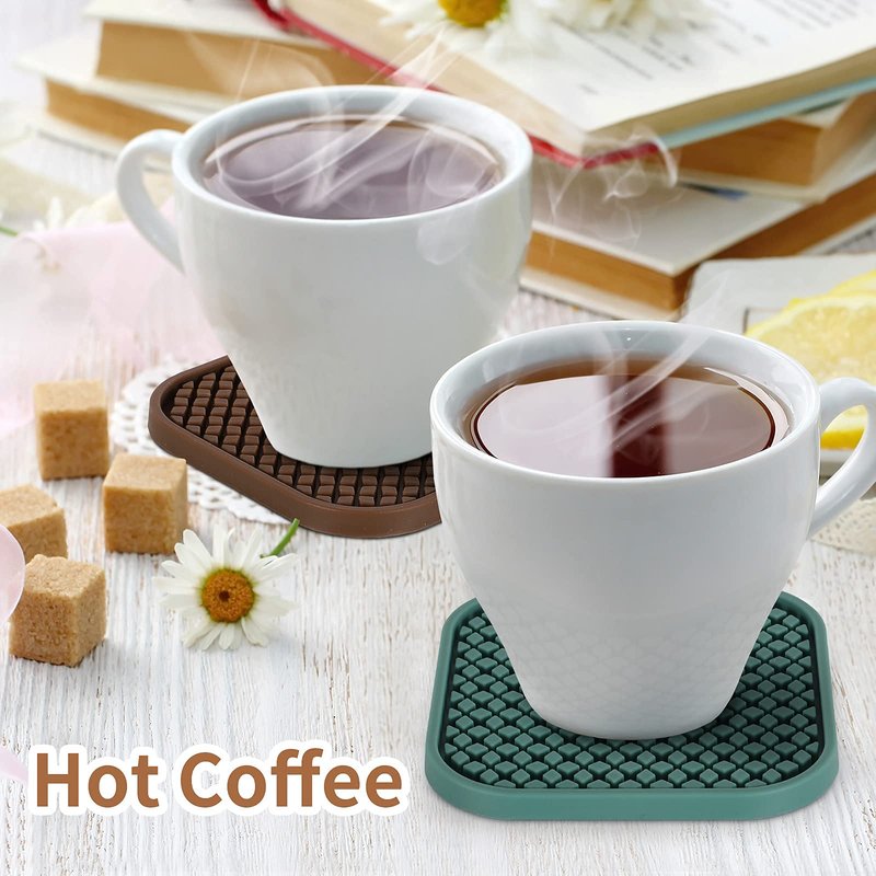 ME.FAN Silicone Coasters with Holder [6 Pack] Square Drink Cup Mat - Non-Slip, Non-stick, Stay Put, Deep Tray - Prevents Furniture and Tabletop Damages Nave Blue