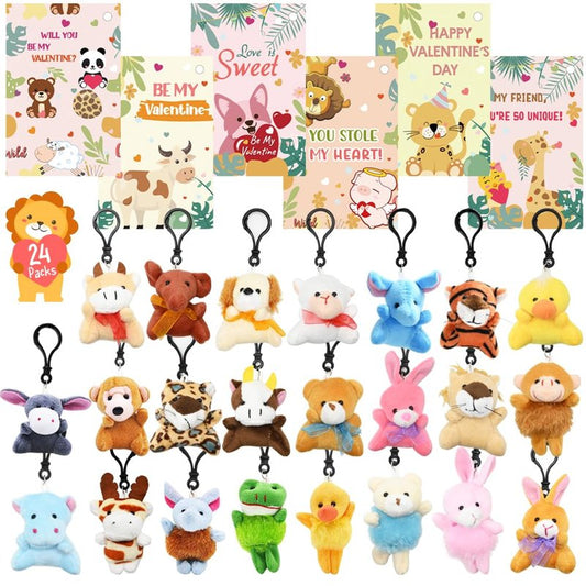 24PCS Valentines Day Cards with Small Stuffed Animals Plush Toys Set, Little Mini Stuffed Animal Keychain Valentine Exchange Cards for Kids Classroom School Exchange Prize, Valentines Day Gifts
