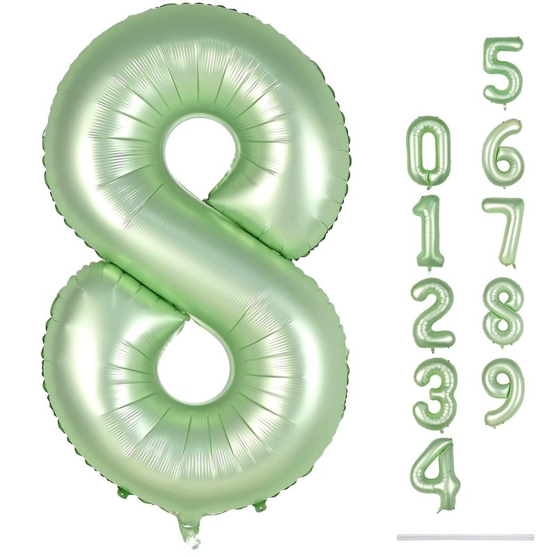 Sage Green Balloon Number 8, 40 Inch Large Self Inflating Foil Number Balloons 0-9, Olive Green Digital 8 Helium Balloon for 8th Girls Boys Women Jungle Safari Birthday Party Anniversary Decorations
