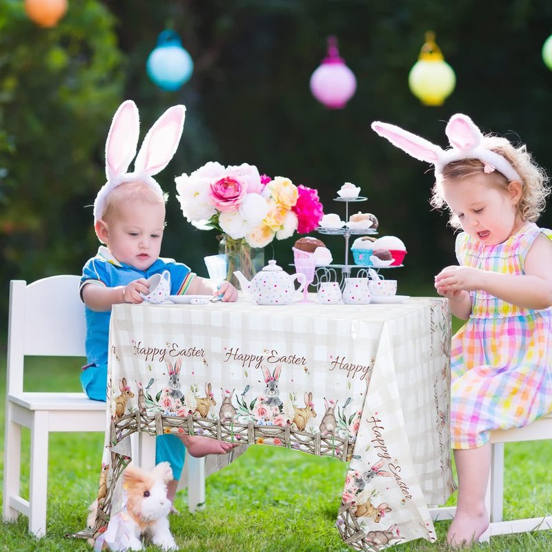 Patelai 4 Pcs 54 x 108 Inch Happy Easter Bunny Table Cloth Rectangle Plastic Easter Flowers Table Cover Spring Tablecloth Party Decorations for Home Picnic Dinner