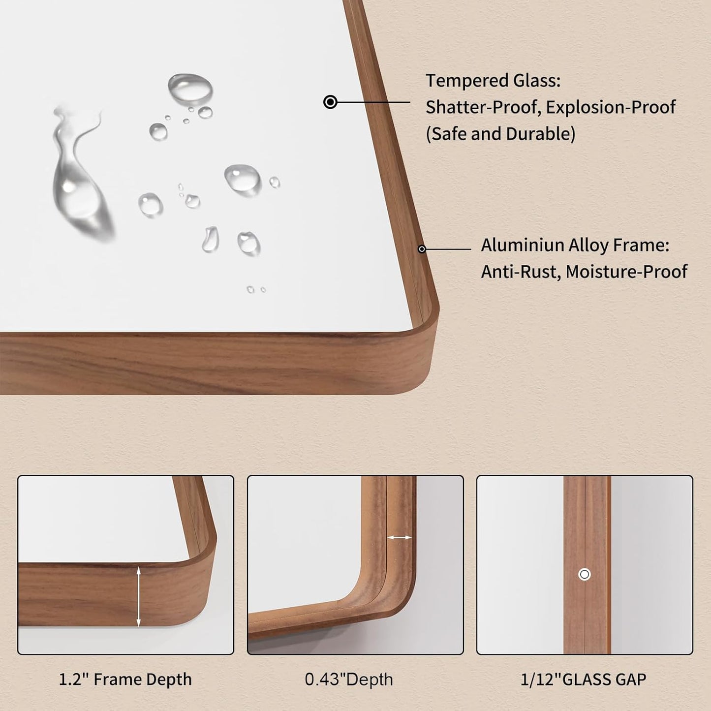 LOAAO Bathroom Mirror - 24x36 Inch Rounded Rectangle with Wood Grain Metal Frame | Anti-Rust, Versatile Hanging Options