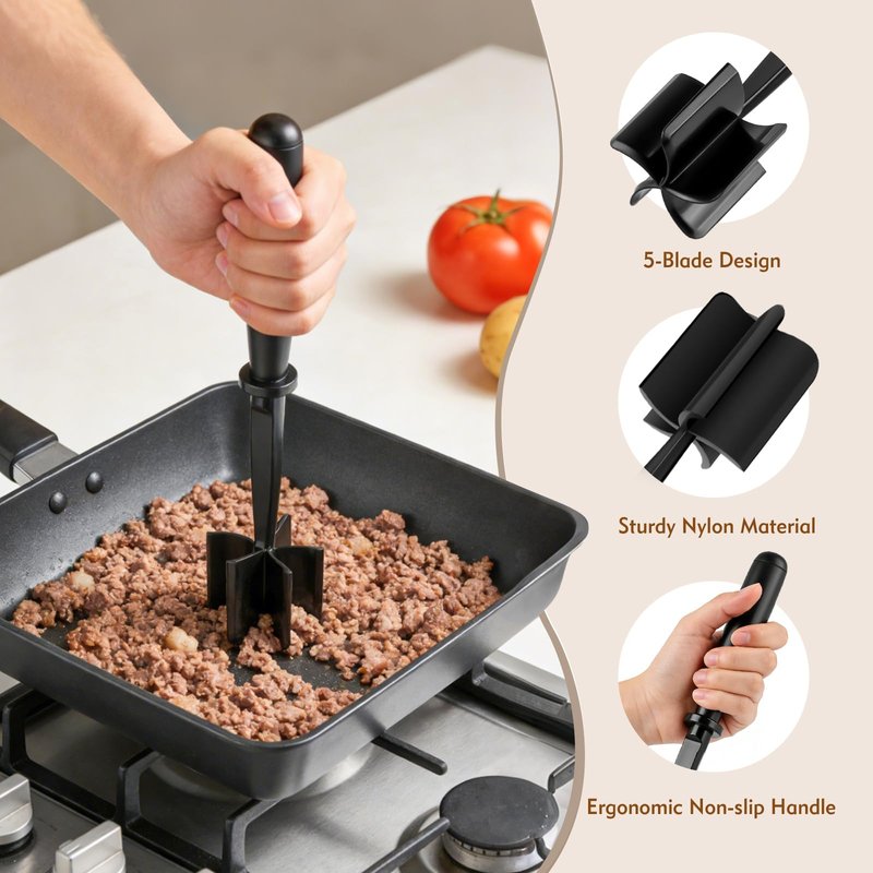 ZASZO Meat Masher, Ground Beef Chopper Tool with 5 Curve Blades & Ergonomic Non-Slip Handle, Nylon Hamburger Smasher Tool Heat Resistant Non Stick(Black)