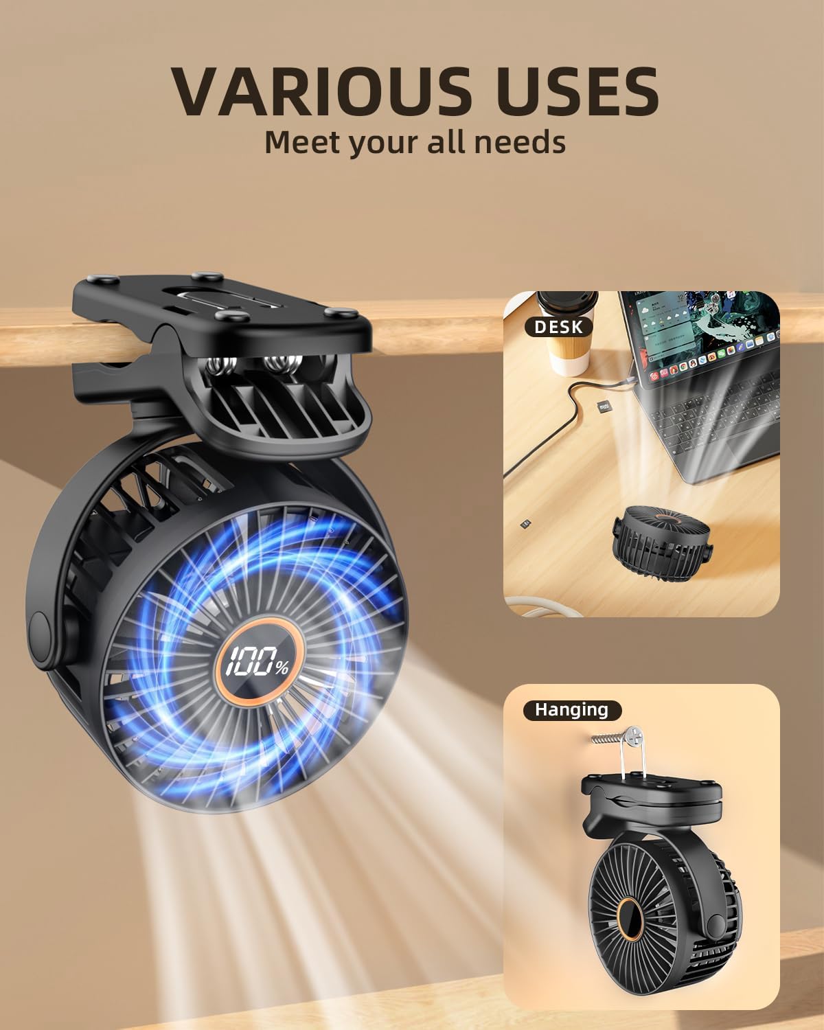 TUNISE Mini Clip-On Fan - Battery Operated, 3-Speed Adjustable, 360° Rotation - Portable Black Fan for Home & Office
