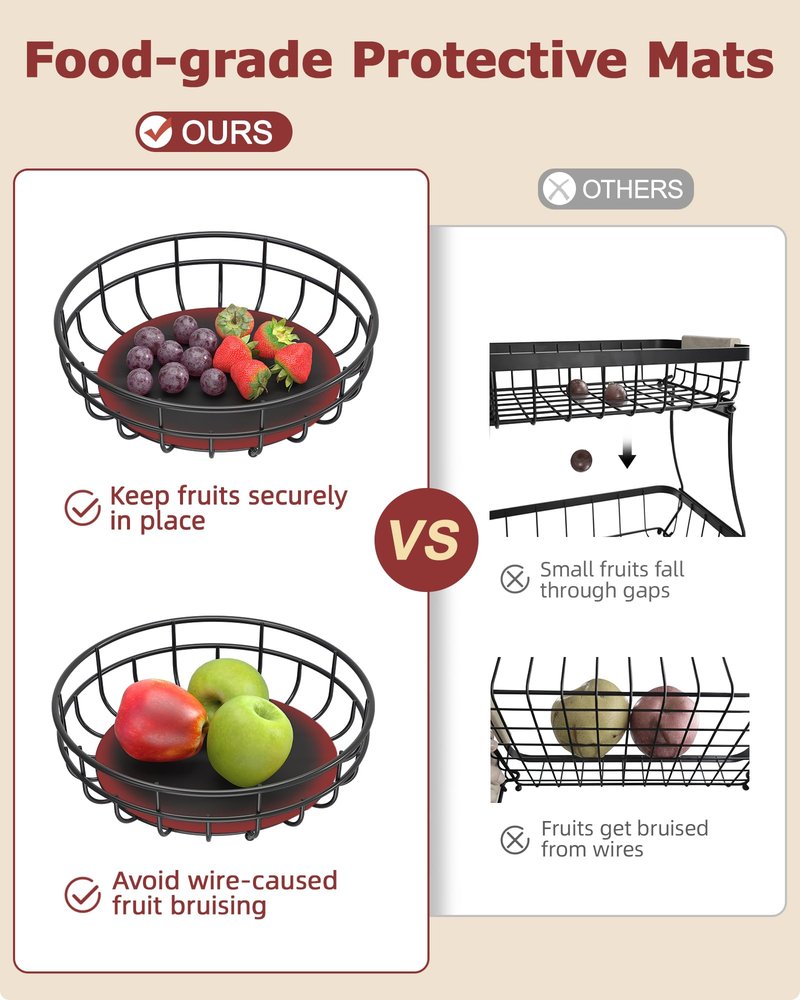 Sevenblue 2 Tier Large Fruit Basket for Kitchen Counter with Removable Banana Hanger - Sturdy Iron Fruit Bowl for Kitchen Counter and Vegetable Holder, Fruit Holder for Kitchen Countertop, Black