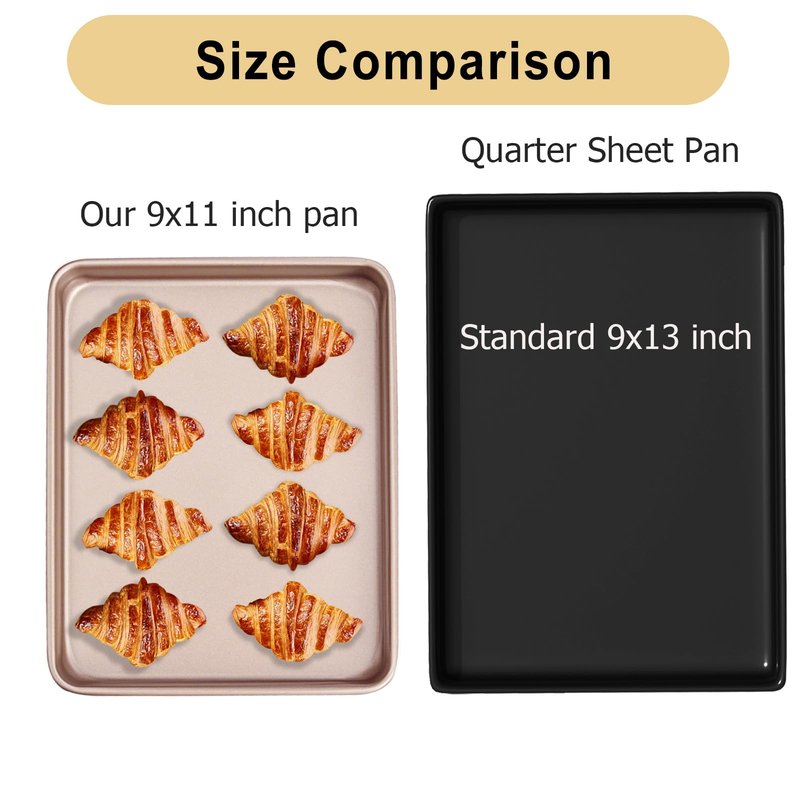 Barlket Small Cookie Sheet Pan 9x11 Inch, Nonstick Baking Tray 2-Pack, 0.8mm Thick Heavy Duty Carbon Steel, Gold – Oven Safe, Easy Clean, Bakeware Sets for Cookies, Roasting