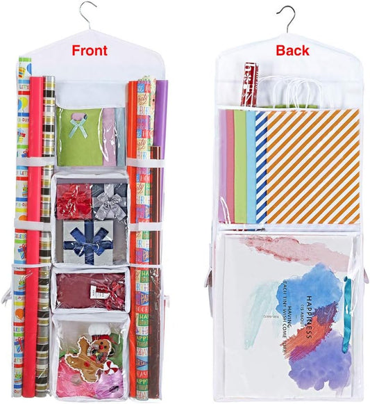 Primode Gift Wrap Organizer - Over The Door Wrapping Paper Storage With Double-Sided Pockets | 40”x17” (White)