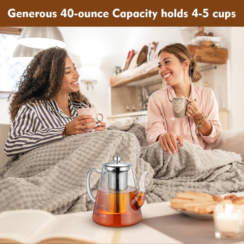 Zpose Glass Teapot, 1200ml (40oz) Tea Pot with Infuser for Loose Tea and Blooming Tea, Stovetop Safe Tea Kettle, Hand Crafted Borosilicate Glass Tea Maker with Scale Line, Tea Gift Set for Tea Lovers