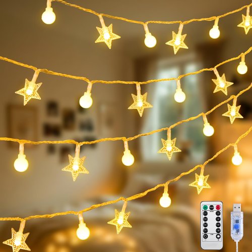 JMEXSUSS 100 LED Globe Star String Lights, 33 FT Globe String Lights Indoor USB Plug in, Warm White Star Fairy Lights for Bedroom Classroom Dorm Indoor Decor