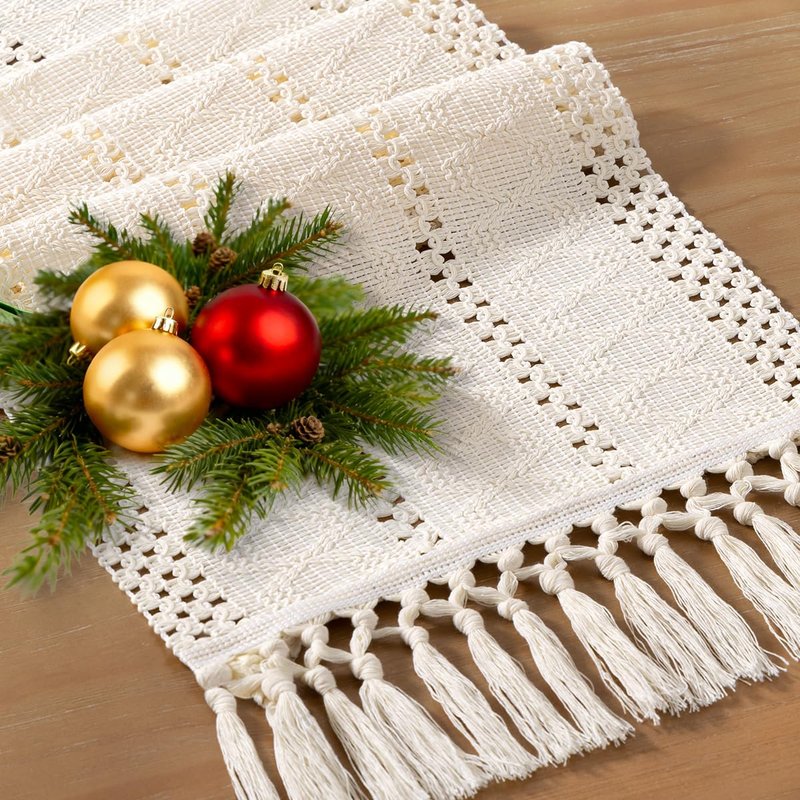 Socomi Boho Table Runner Macrame Summer Farmhouse Woven Cotton Linen Rustic Coffee Table Runner with Tassels for Dresser Scarf Home Decor Dining Room 12x90 inch Cream Ivory