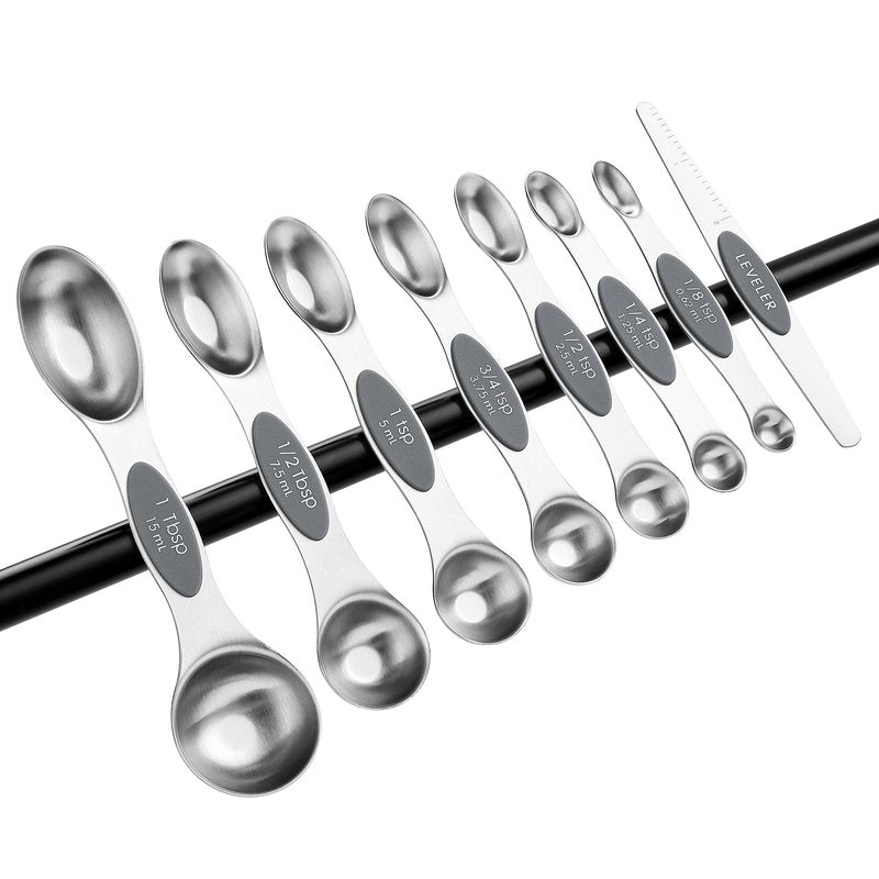 Spring Chef Stainless Steel Magnetic Measuring Spoons Set of 8 with Leveler, Dual Sided Metal Teaspoon & Tablespoon Measuring Spoons - Kitchen Gadgets For Baking and Cooking, Gray
