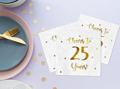 Cheers to 25 Years Cocktail Napkins | Happy 25th Birthday Decorations for Men and Women and Wedding Anniversary Party Decorations | 50-Pack 3-Ply Napkins | 5 x 5 inch folded (White)