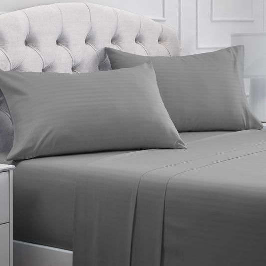 Mellanni Full Sheets Set - 4 PC Hotel Luxury Bedding | Extra Soft, Cooling, Wrinkle-Resistant (Striped Gray/Silver)