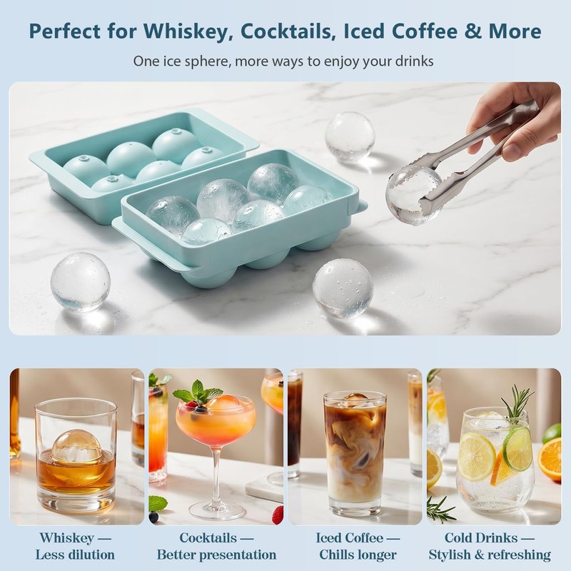 WIBIMEN Large Ice Cube Molds, Big Round Whiskey Ice Cube Trays for Freezer, Easy to Fill & Release, Whiskey Bourbon Cocktail(1.9In*6 Balls- Blue/2 Pack)