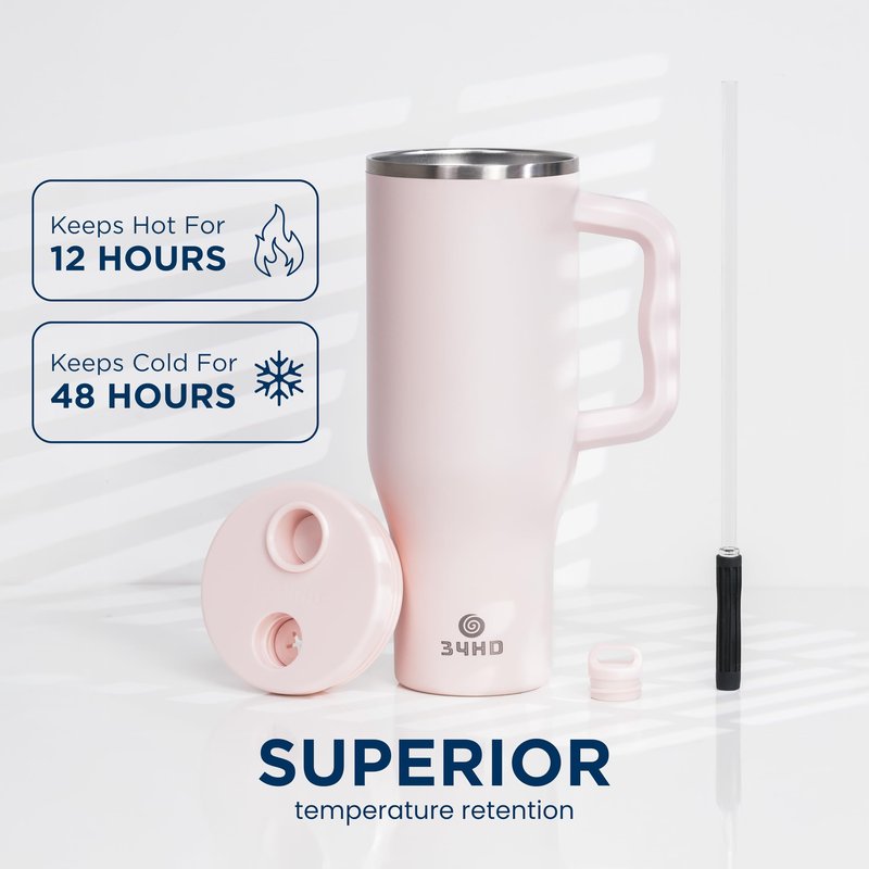 34HD 40 oz Stainless Steel Tumbler - Leakproof Insulated Water Bottle with Handle, Magnetic Lid and Flexible Straw - 48 Hours Iced – Perfect for Men, Women, Birthday Present, Pink - Rose Dust