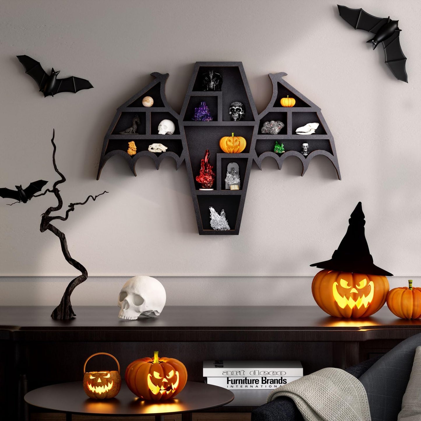 Qmetalart Coffin Shelf with Bat Wings, Wooden Gothic Decor for Display or Storage Rocks Mini Figures, Wall Hanging & Tabletop Crystal Display Shelf Gothic Home Decor