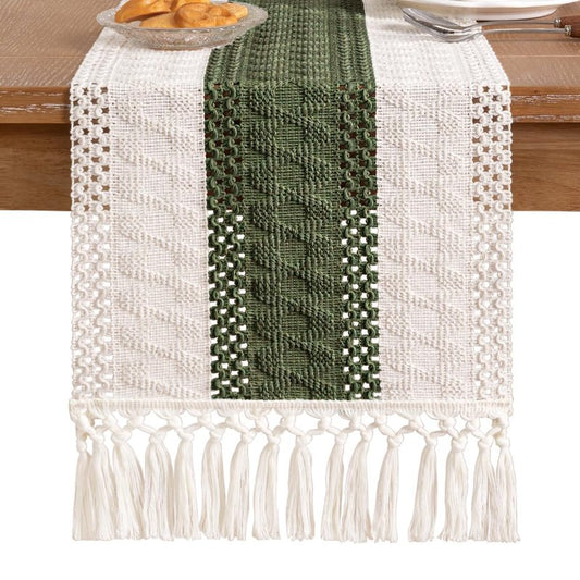 Socomi Boho Table Runner Summer Farmhouse Rustic Dining Kitchen Centerpiece Decor Small Macrame Woven Cotton Linen Coffee Table Runner for Dresser Scarf Home Decor 12x72 inch Olive Green