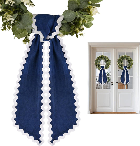 Skiennix Scalloped Wreath Sash - Ruffle Ribbon Bow for Front Door Decor | Navy and White, 2 Pcs