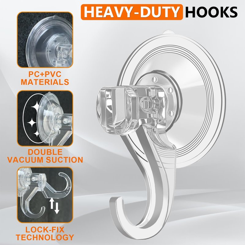 KORCCI Suction Cup Hooks for Shower-Max Load 10 LB, No Trace, Reusable & Removable, Small Clear Suction Hooks, for Tile, Glass, Window, Kitchen, Bathroom, Christmas Decor, Wreath, Lights, 2 Pack