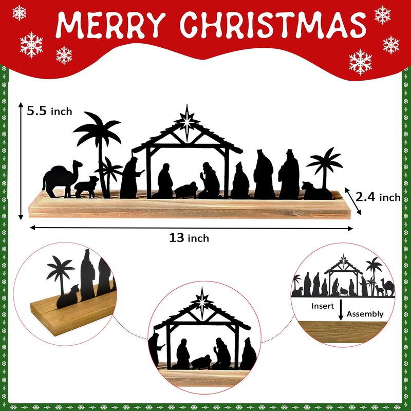 Akulgaci Metal Nativity Sets for Christmas Decorations Black Metal Nativity Scene with Wooden Base for Xmas Home Indoor Mantel Tabletop Office Kitchen Table Shelf Decor (Classic)